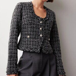 Derek Lam 10 Crosby x RTR Black Tweed Jacket Scoop Neck Blazer US 12